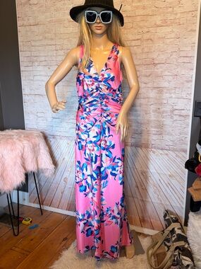 Boston Proper Pink Floral Maxi Dress with Blue Accent Print NWT